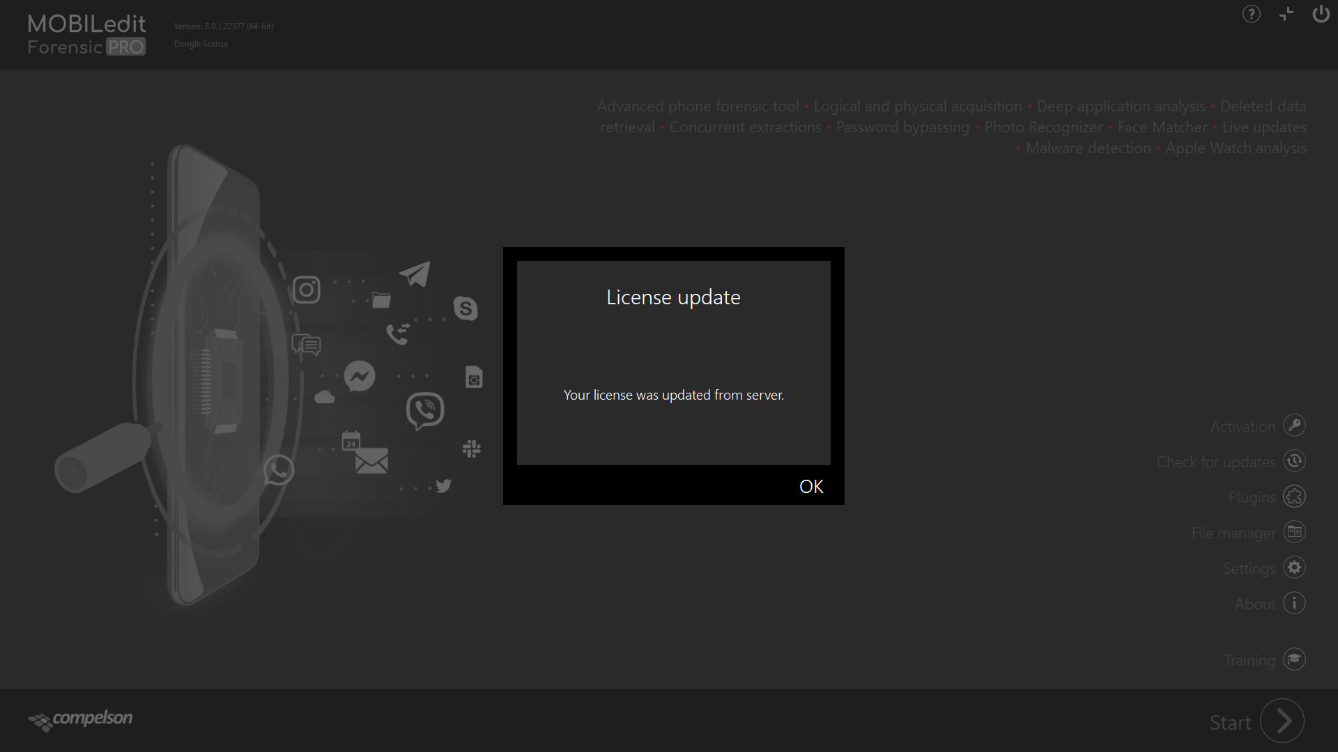 MOBILedit Forensic PRO_Dongle license_3_License updated_Ver.8.0.1.22377_VMware Bar masked.PNG